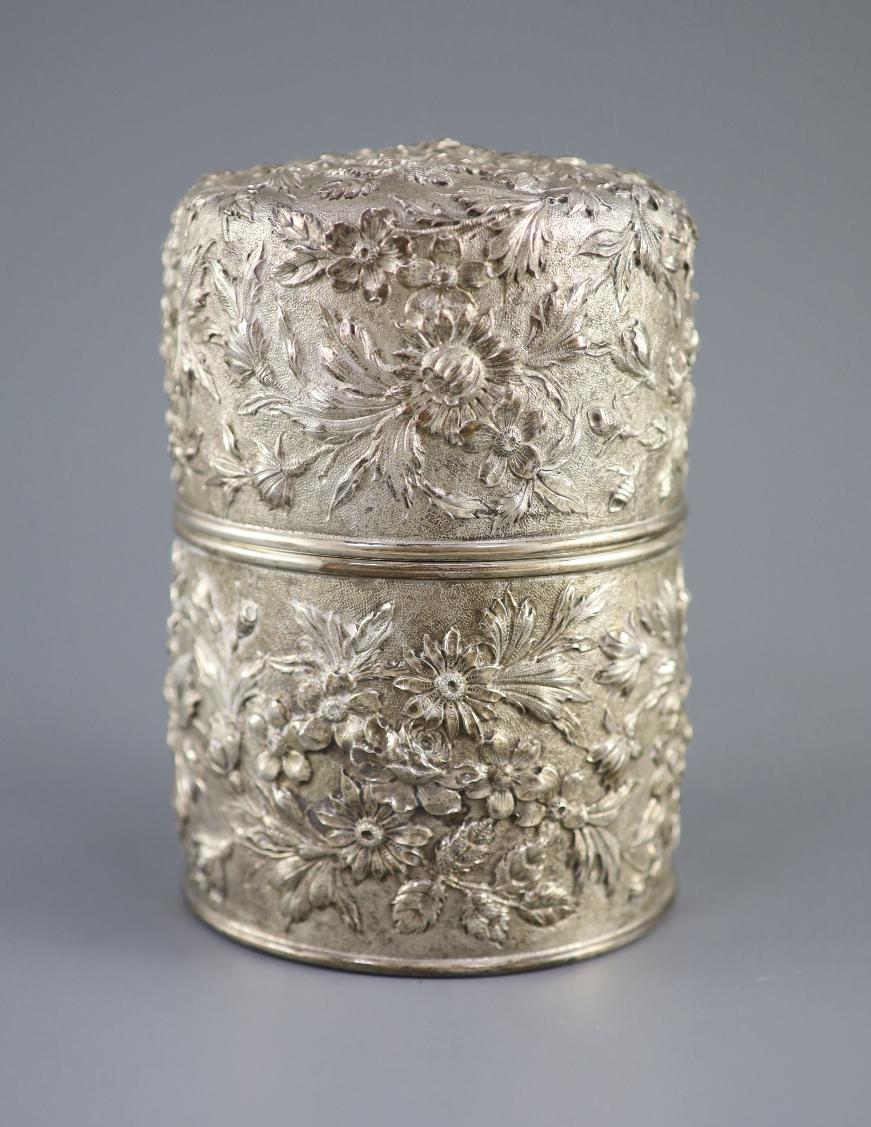 A cased late 19th/early 20th century American S.Kirk & Son Co. embossed sterling silver cylindrical scent canister